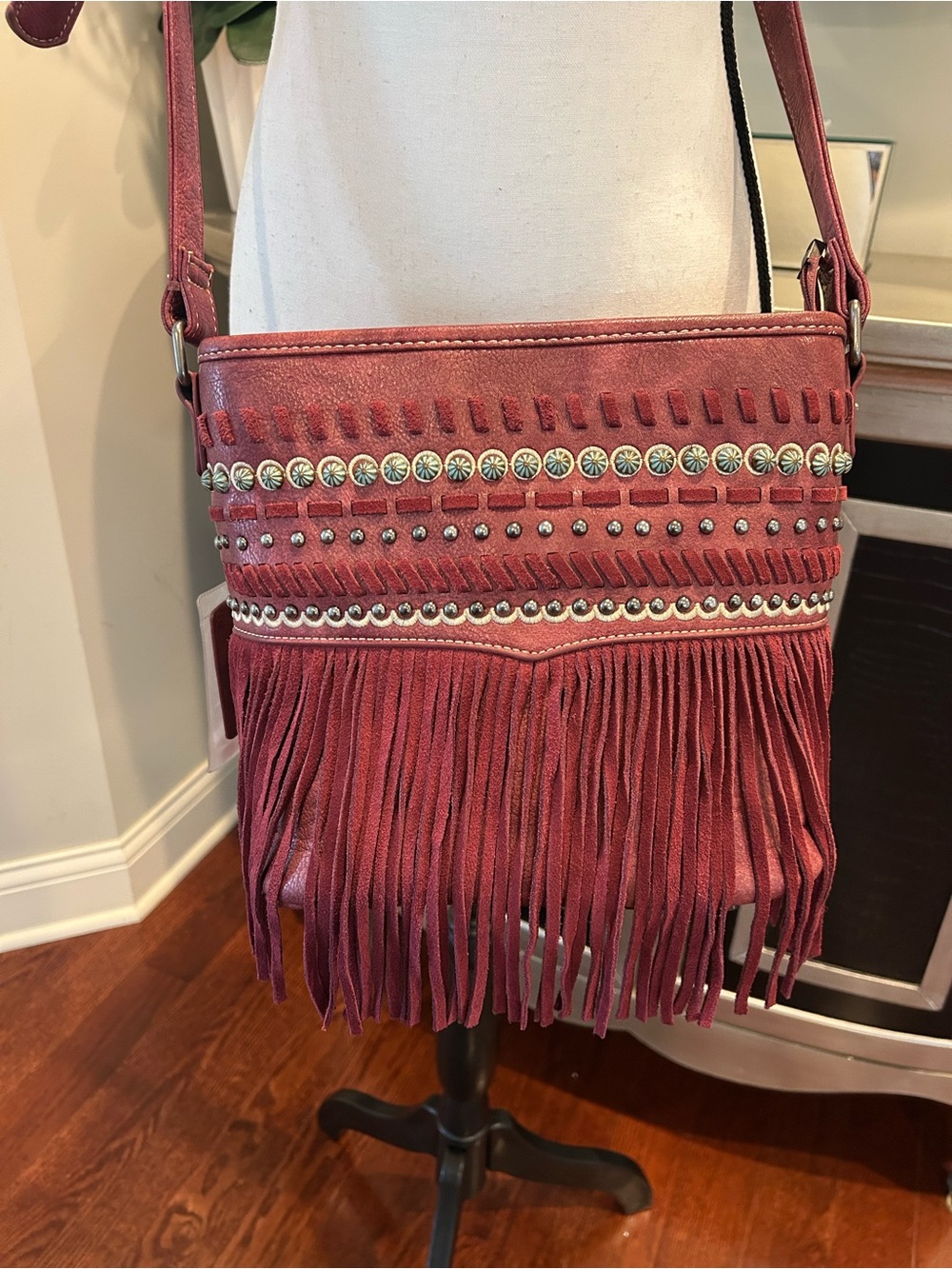 Fringed Crossbody Shoulder Bag in Wine with Stud Accents